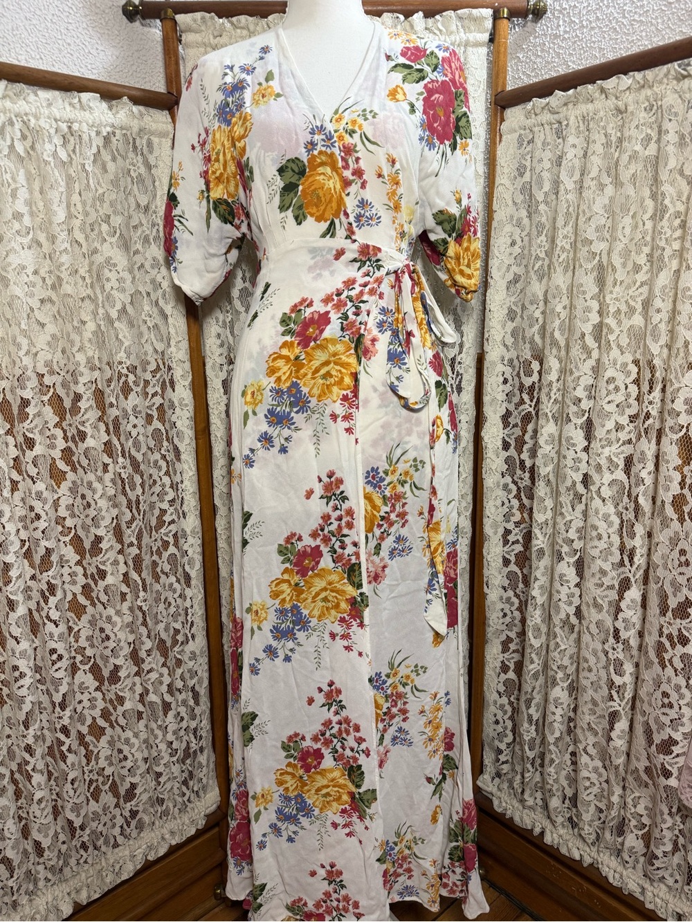 Reformation White Floral Wrap Maxi Dress with Yellow & Pink Blooms